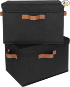 GRANNY SAYS Storage Bins with Lids, Decorative Storage Boxes with PU Handles, Black Storage Bin, Linen Closet Organizer, Shel