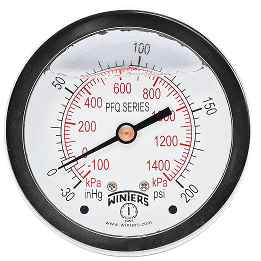 Winters 2-1/2" Dial Size, Liquid Filled Industrial Pressure Gauge, Brass Internals, Stainless Steel Case, Dual Scale 30" Hg-0-200 psi/kPa, 1.5% Acc, 1/4" NPT Back Mount, Pressure and Vacuum Gauge