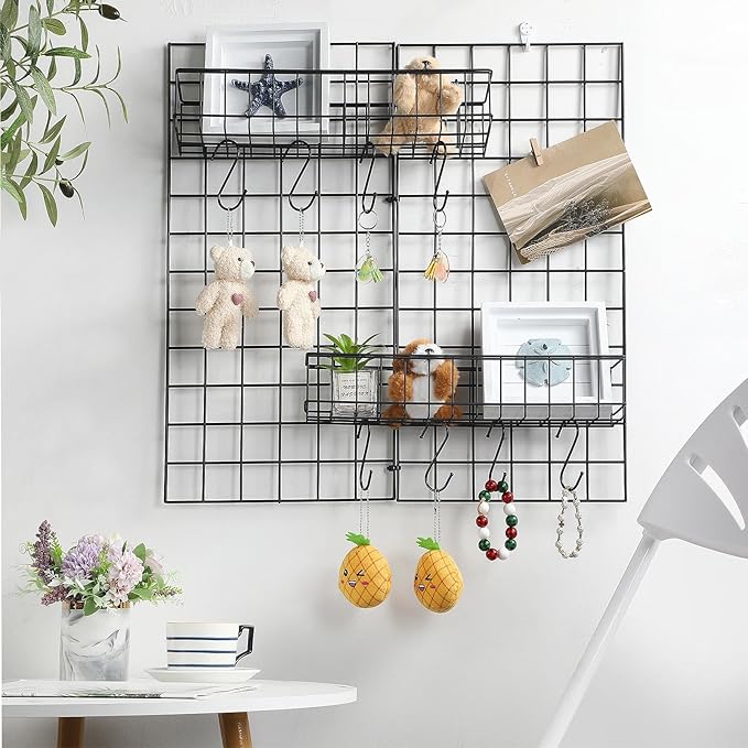 Black 4 Pack Grid Wall Hanging Baskets with 16 S Hooks, 15.8 x 3.9 x 3.2 Inch Metal Wire Wall Mount Storage Baskets for Grid 