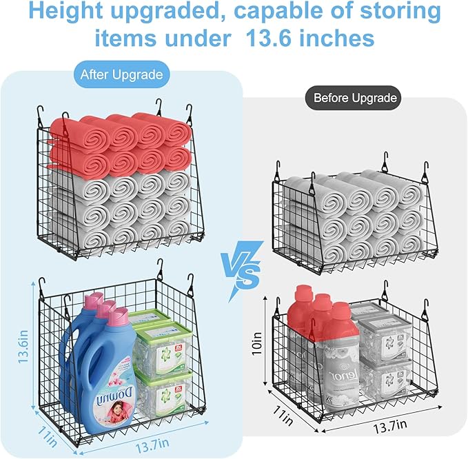 3-Pack Extra-Tall 13.6'' Hanging Laundry Basket Organizer, Foldable Wire Shelf with 360° Rotating Hooks & Reinforced Height -