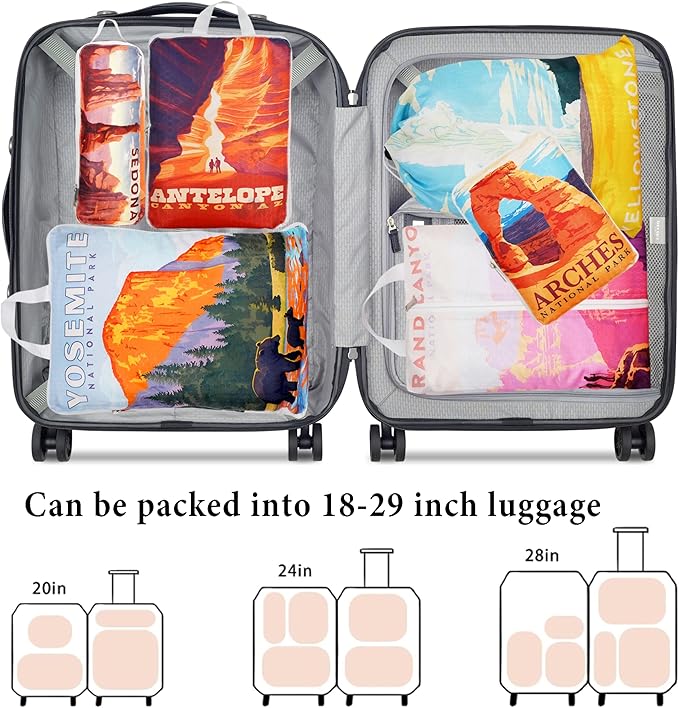 Compression Packing Cubes for Travel, 6 Set National Park Luggage Organizers, Lightweight Waterproof Expandable/Compression B