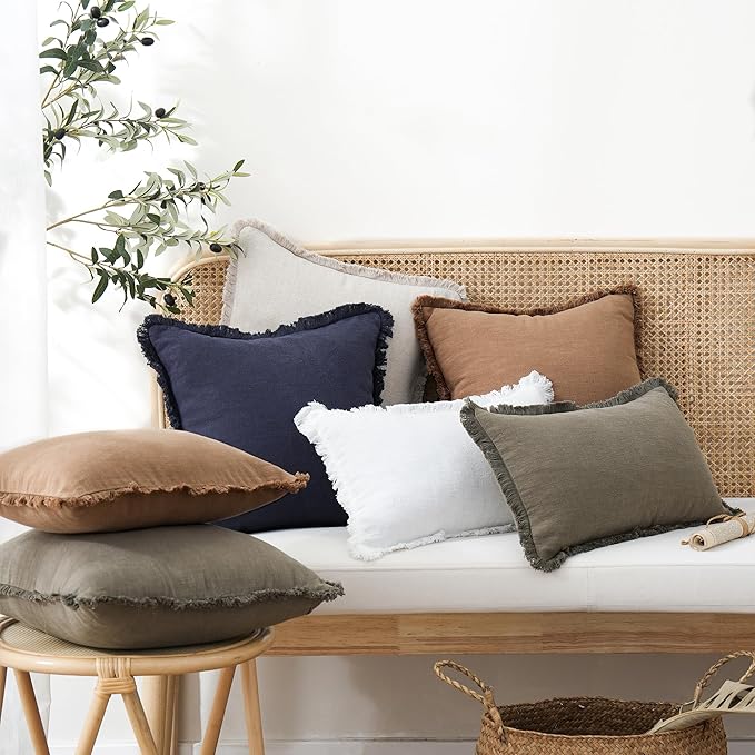 Foindtower Set of 2 Decorative Linen Fringe Throw Pillow Covers Cozy Farmhouse Boho Cushion Cover with Tassels Soft Accent Pi