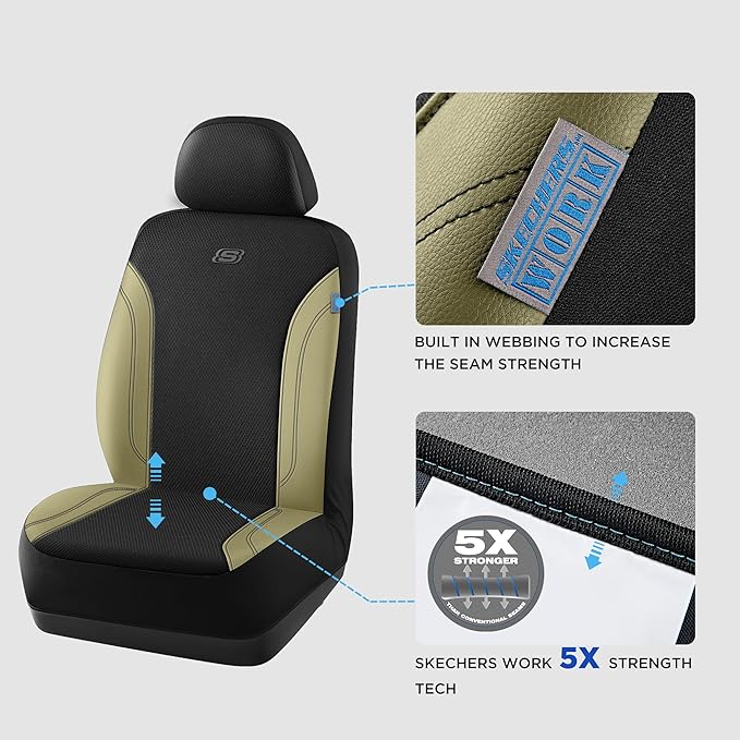 Skechers Car Seat Covers, Work Leather Seat Covers 5-Times Stronger Built-in Webbing, Oxford Fabric Front Seat Cover, Airbag 