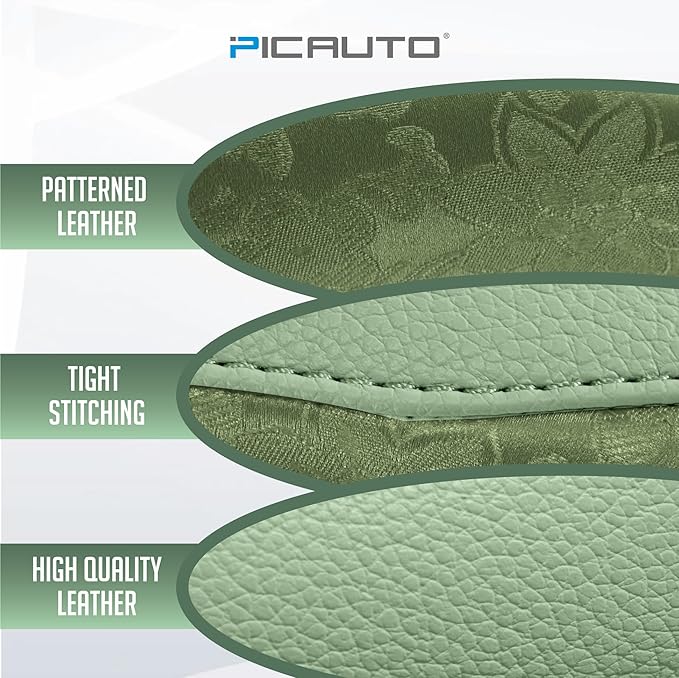 PIC AUTO Steering Wheel Cover, Green Patterned Leather Patchwork Design, Universal Fit 14.5"–15.5", Anti-Slip, Odor-Free, Sof