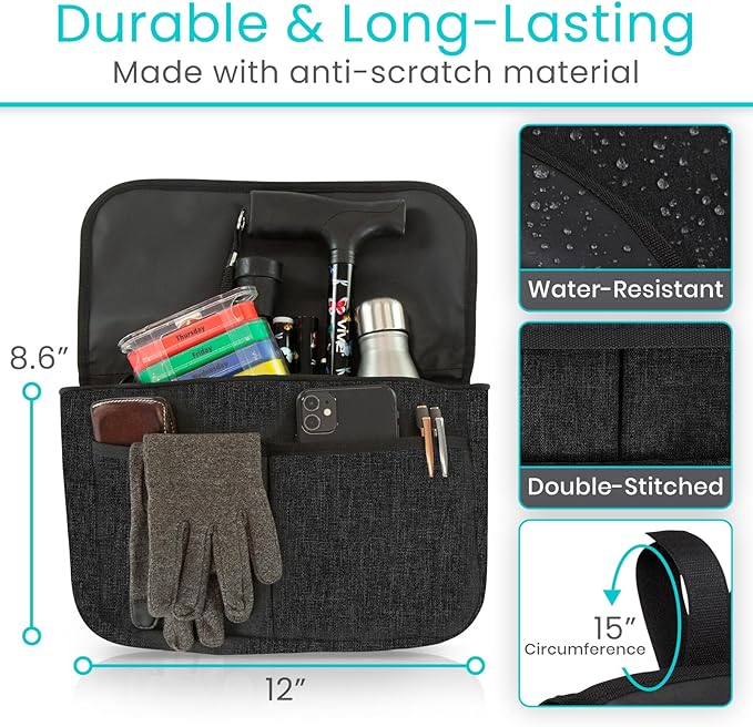 Vive Wheelchair Carry Bag - Arm Rest Pouch for Rollator, Walkers, Power Wheel Chairs and Knee Scooters - Side Storage Organiz