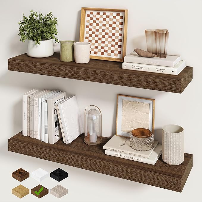 Fun Memories 30Inch Floating Shelves for Wall, 2 Pack Rustic Wood Shelves for Bathroom|Kitchen Wall Mounted Floating Shelf wi