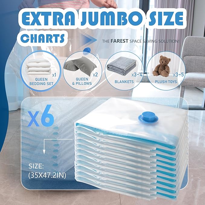 6 Pack XXL Jumbo Vacuum Storage Bags with Electric Air Pump, Space Saver Bags,Compression for Comforters and Blankets,Duvets,