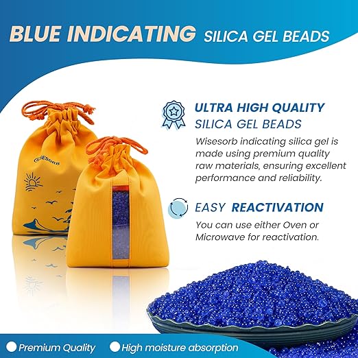 5 Sets 1000g Rechargeable Silica Gel Beads with 1 Cloth Bag, Indicating Blue Desiccants Beads [3-5mm] Moisture Absorber Desic