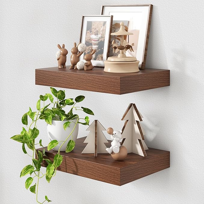 Deep Floating Shelves | 16 Inch Walnut Floating Shelves Set of 2 | 12 Inch Deep Rustic Wood Shelves for Wall | Walnut Shelves