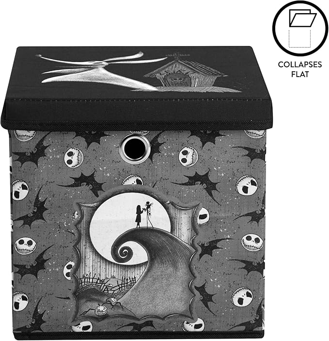 The Nightmare Before Christmas Collapsible Storage Cube with Removable Lid,10"x10"x10" Fabric Organizer Bin for Essentials