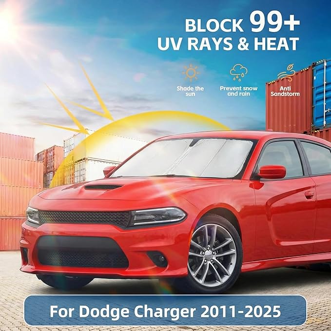 Windshield Sun Shade for Dodge Charger 2011-2023 Sunshade Front Window Shade Custom Fit Charger Accessories Sun Visor Foldable Shade Blocks UV Rays Accessories