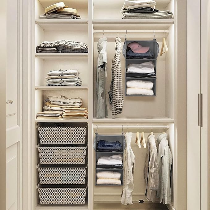 MAX Houser 3 Tier Shelf Hanging Closet Organizer, Closet Hanging Shelf with 2 Sturdy Hooks for Storage, 2 Pack, Foldable (Gre