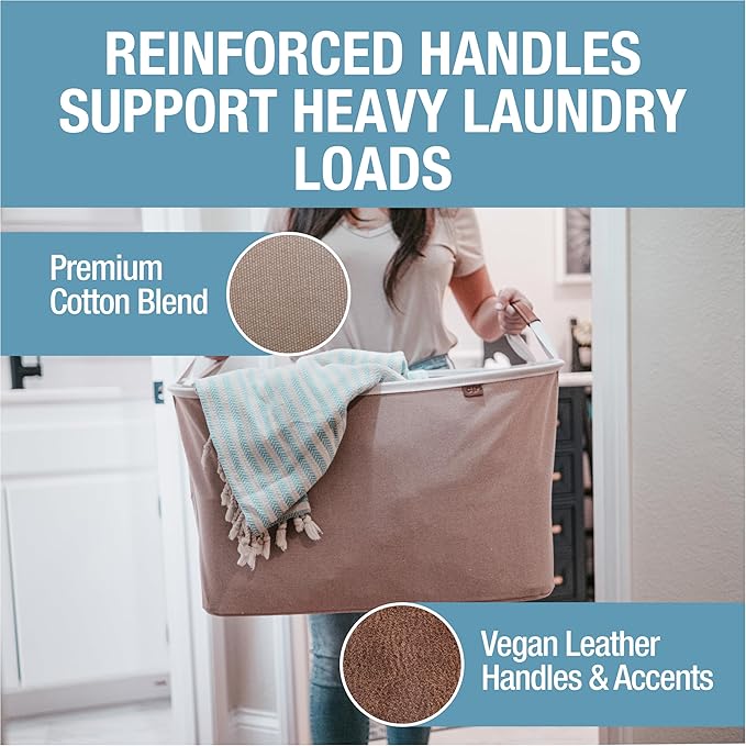 CleverMade Collapsible Laundry Basket LUXE 2 Pack – 60L (16 Gal) Foldable Cotton Blend Clothes Hamper with Vegan Leather Acce