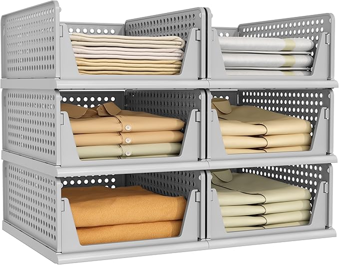 Pinkpum Grey 6 Pack Closet Organizers Storage Bins, Stackable Plastic Drawer Basket for Clothing, Stackable Storage Bins Shel