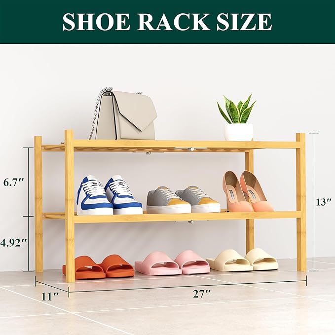 Smiry Shoe Rack, 2 Tier Thick Bamboo Shoe Organizer, Stackable Free Standing Wooden Shoe Storage Shelf for Closet, Entryway, 