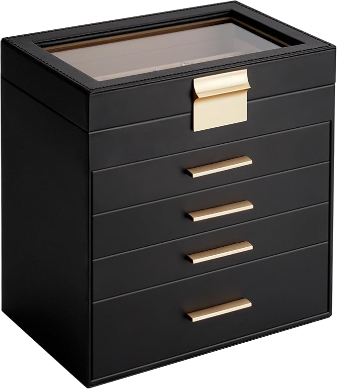 Somduy Jewelry Box, 5 Layers Jewelry Storage Display Box with Glass Lid for Women, 4 Drawers,Large Capacity for Necklace Earr