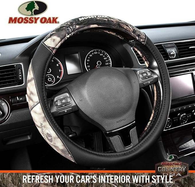 Mossy Oak Camo Steering Wheel Cover - PU Leather and Cotton Twill, Universal Fit 14 1/2 inches to 15 inches - Officially Lice