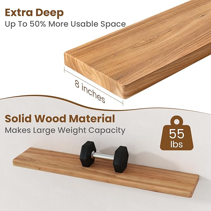 Floating Shelves for Wall, 40"Wx8"D Rustic Solid Elm Wood Floating Shelves Wall Mounted, Round Edge Wall Shelves with Invisib