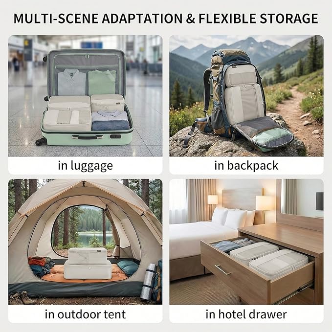 4 Piece Compression Packing Cubes for 3–7 Day Travel, Lightweight Travel Organizers with Breathable Mesh, Double-Zipper Packi