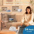 24PCS Vacuum Seal Bags for Clothing with Electric Pump - 8 Small, 8 Medium, 4 Large, 4 Jubom - Space Saver Vacuum Storage Bag