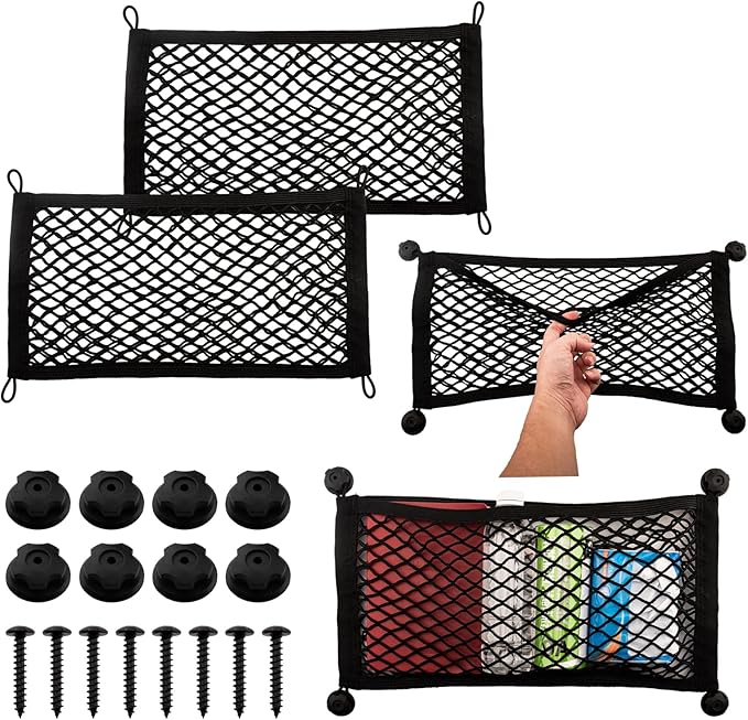 2 Pack Small Cargo Net Pocket Storage Pouch Bag 21 x 9.8 Inches RV Netting Elastic Automotive Cargo Nets with 8 Mounting