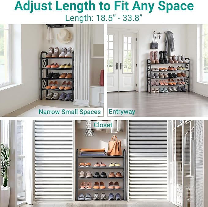 YEASHEIN 4-Tier Expandable Shoe Rack for Closet Floor, X-Frame Metal Small Shoe Rack for Entryway, Adjustable Shoe Shelf Orga