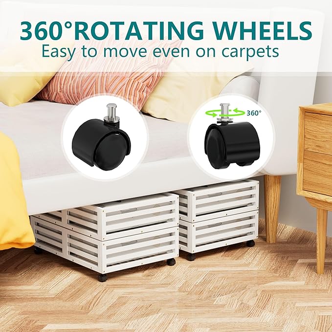 Bamboo Under Bed Storage Containers- Underbed Organizer with Wheels with Large Capacity Dust Bag,Sturdy Wood Rolling Under Be