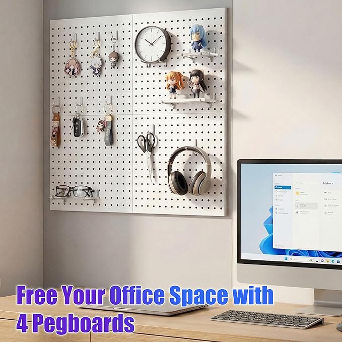 Spampur Peg Board, 4 Pack Metal Peg Board Panels, White PegBoard Wall Organizer for Gaming Room, Office, Craft Room Storage a