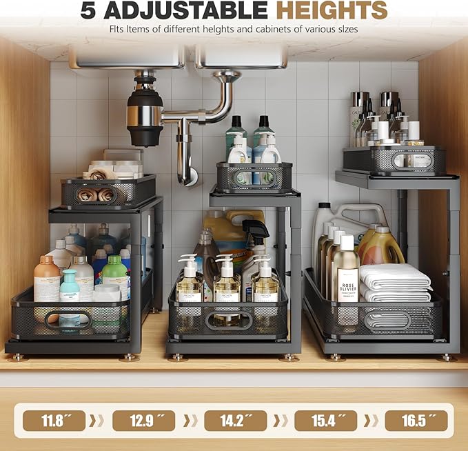 2-Pack 18.5 IN Depth Under Sink Organizer With Next-Gen Ball-Bearing Slides,Sophisticated Mesh 2-Tier Pull Out Shelf for Kitc