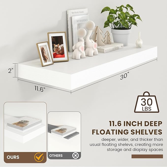 30 Inch Floating Shelves | 12 Inch Deep White Floating Shelves | 30" W x 12" D Rustic Wood Shelves for Wall | Deep White Shel