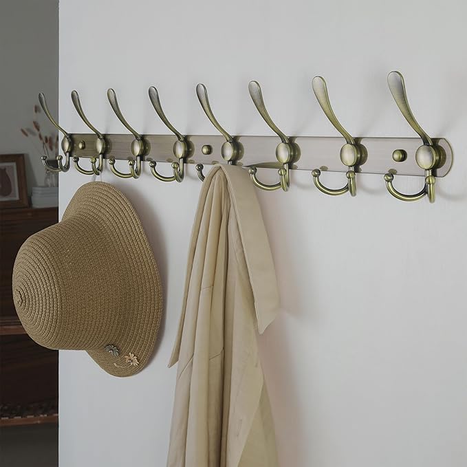 Dseap Coat Rack Wall Mount - 29.5” Long 8-Tri-Hooks Heavy Duty Coat Hanger Rail Wall Hooks for Hanging Coats Hats Clothing Cl