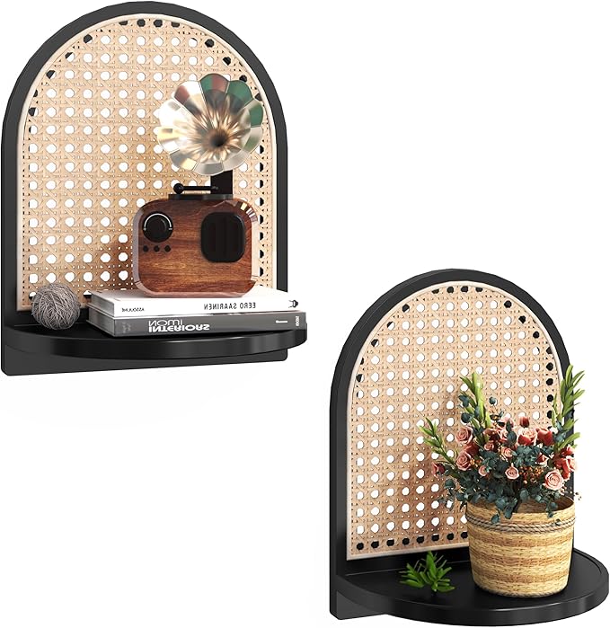 Rattan Shelf Set of 2, 7'' Black Rattan Shelf with Wicker Decor, Boho Wall Decor Small Floating Shelf for Plant Figurines Dis