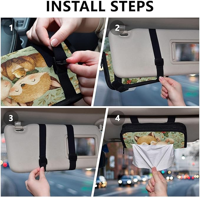 Car Tissue Holder Car Visor Organizer Tissue Box Holder for Car Sun Visor Organizer with Car Vehicle Accessories Essentials Interior for Women Men Christmas Fox Bunny Holly Leaf Green