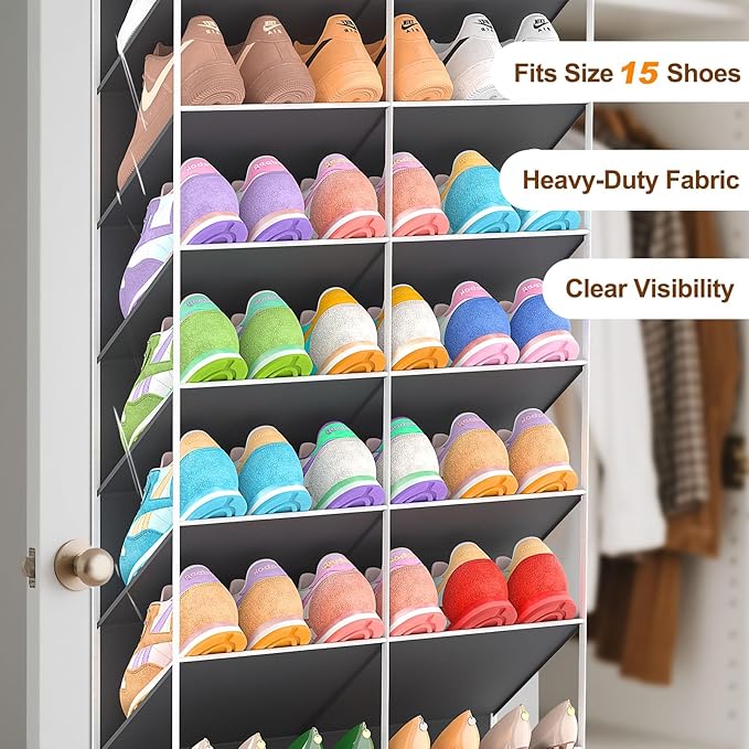 UVIAHOMI 20-30 Pairs Over the Door Shoe Organizer, Clear Pockets Hanging Shoe Storage for Closet, 10-Tier Door Shoes Rack, Ha