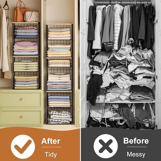 6-Tier Stackable Closet Organizers and Storage Basket, Set of 3 Closet Shelf Organizer with Adjustable Divider & Wood Top Boa