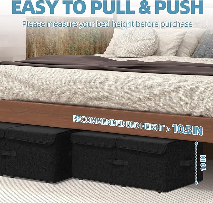 Under Bed Storage Container with Wheels, 2 Pack 10" High Deep Underbed Rolling Box Storage Bins Drawers with Lids for Bedroom