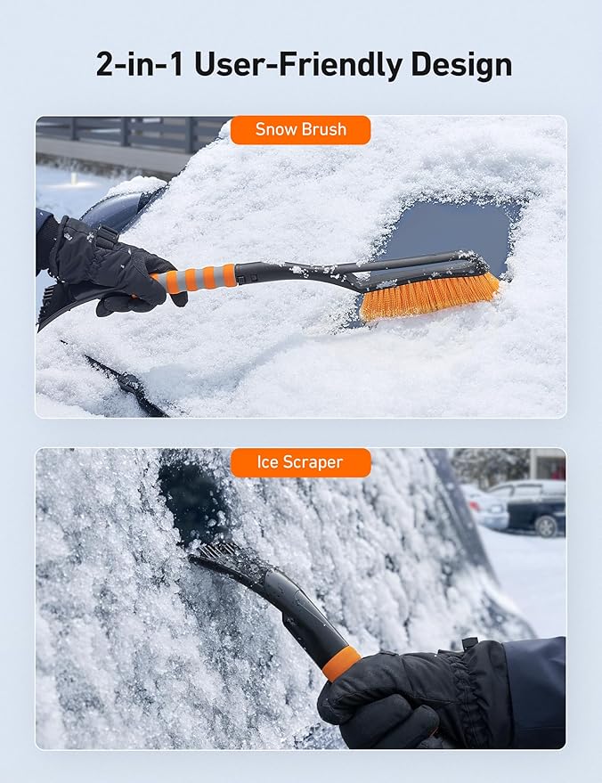 AstroAI 27" Snow Brush and Ice Scrapers for Car Windshield, Detachable Snow Scrapers with Ergonomic Foam Grip for Cars, Trucks, SUVs (Heavy Duty ABS, PVC Brush, Orange) (Pack of 2)