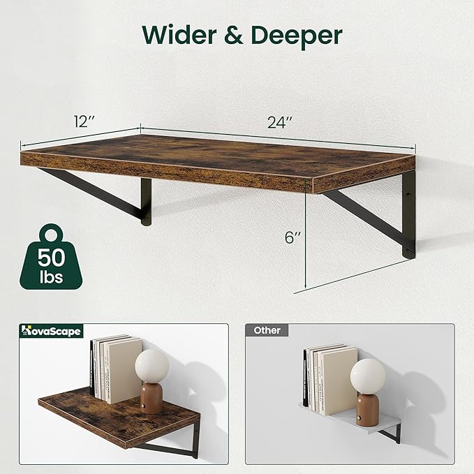 Floating Shelves, 12 Inch Deep Rustic Wood Wall Storage, 24W x 12D Wall Shelves Set of 2, Heavy Duty Metal Brackets, Large In