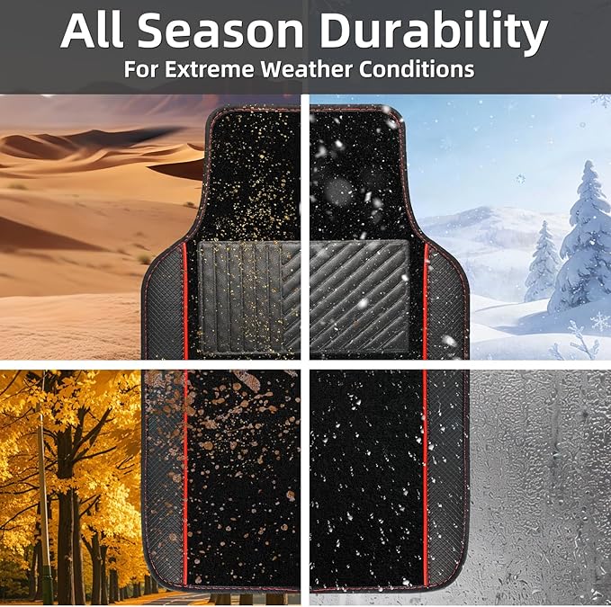 NBTEPEM Waterproof Universal Fit Car Floor Mats, Faux Leather Sporty Car Carpet Mats with Anti-Slip Nibbs Backing & Driver Heel Pad Fit for SUV, Vans, Sedans, Trucks, Set of 4 (Black with Red line)