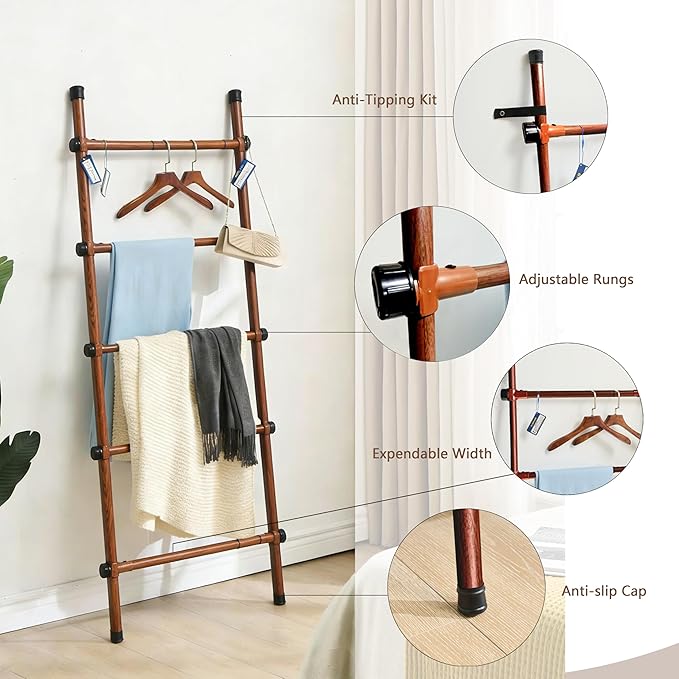SIBRAD Expandable Blanket Ladder for Living Room, Adjustable Width (17.3"-32.3") Tall Metal Quilt Rack Wall Leaning, Rustic B