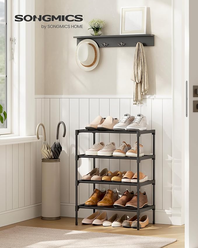 SONGMICS 4-Tier Shoe Rack for Closet, Compact Metal Shoe Organizer Shelf for Entryway, Bedroom, Small Spaces, Stackable, 11.8