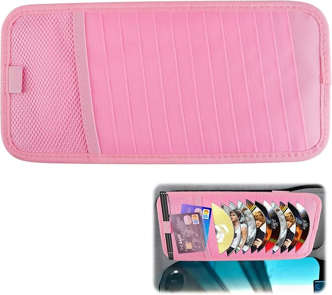 Sun Visor CD Holder, 12-Capacity Car Visor Organizer with DVD Sleeves and Mesh Pocket, Universal Visor Storage for Vehicle CD Case and Pen Holder Ergonomic Design (Pink 1 Pcs)