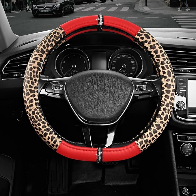 Road Comforts Leopard Steering Wheel Cover for Women, Cute Anti-Slip Microfiber Leather, Fits D Shape Flat Bottom Steering Wh
