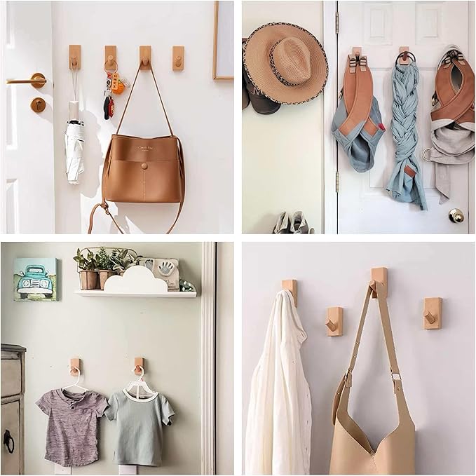 HomeDo Adhesive Wall Hooks Hat Rack, Wooden Coat Hooks Wall Mounted, Decorative Hooks Single Organizer Hat Hanger Towel Rack,