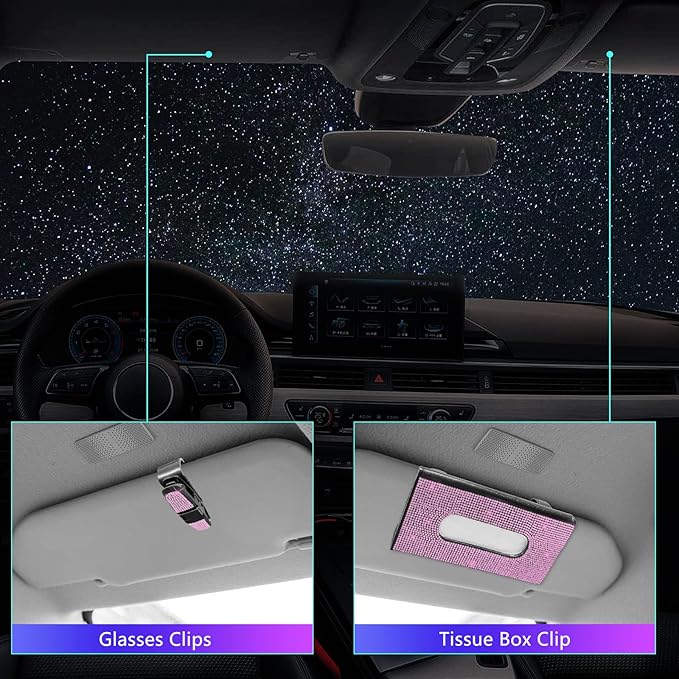 25PCS Bling Car Car Accessories Set,15 Inch Steering Wheel Cover,Shiny License Plate Frame,Center Console Cover and Rearview Mirror Set and Other Car Accessories(Pink)
