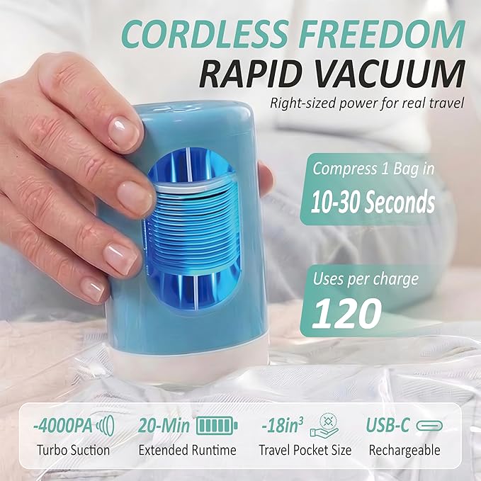 Cozy Essential Travel Vacuum Storage Bags with Rechargeable Cordless USB Pump, Space Saver Bags for Luggage, Suitcase, Carry-
