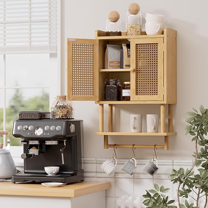 AmazerBath Bathroom Wall Cabinets, Bamboo Medicine Cabinet with Rattan Door, Over The Toilet Storage Cabinet with Towel Bar, 