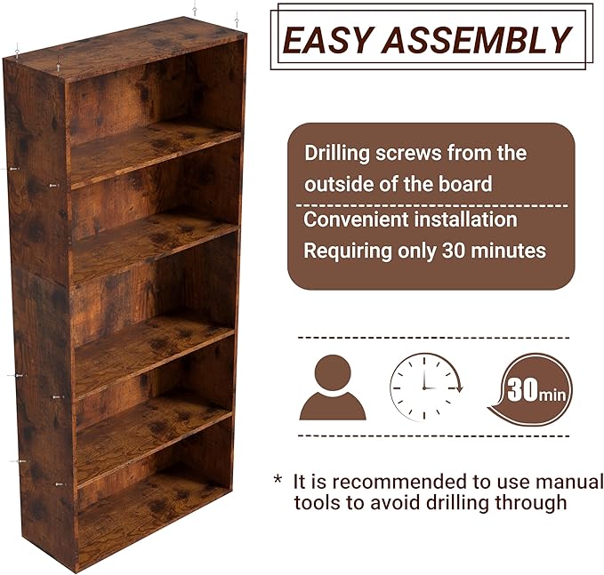 Wooden 5 Tier Book Shelf,5 Cube Storage Organizer,5 Tier Low Bookcase Storage Display Organizer, 54 Inch Versatile Cubes Shel