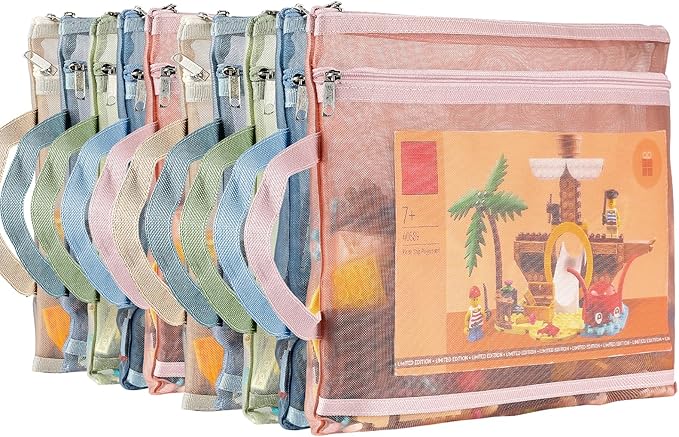 10 Pack Colored Mesh Zipper Pouch Bags, Double-Layer Nylon Puzzle Building Block Sets Toy Storage & Organization, Breathable 