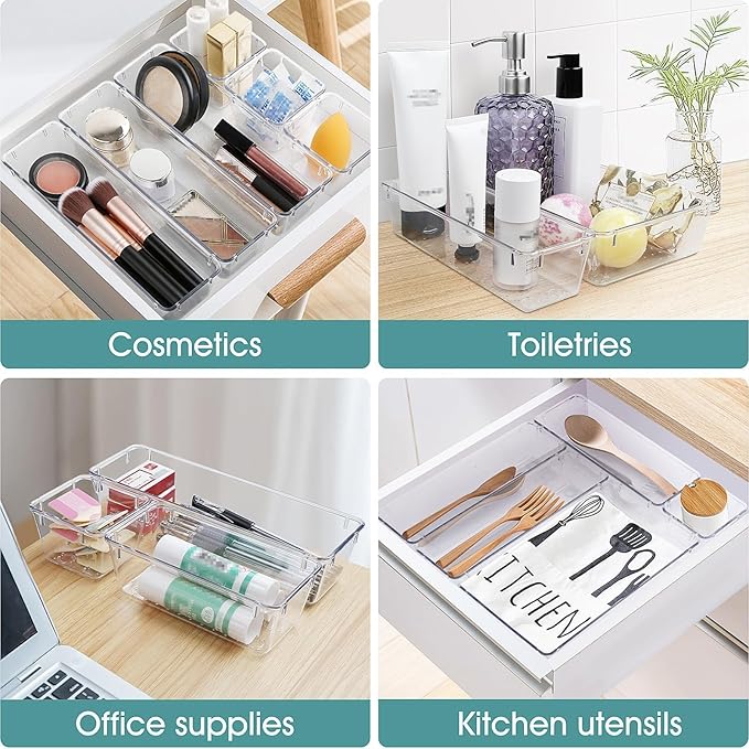 WOWBOX 25 PCS Clear Plastic Drawer Organizer Set, 4 Sizes Desk Drawer Divider Organizers and Storage Bins for Makeup, Jewelry
